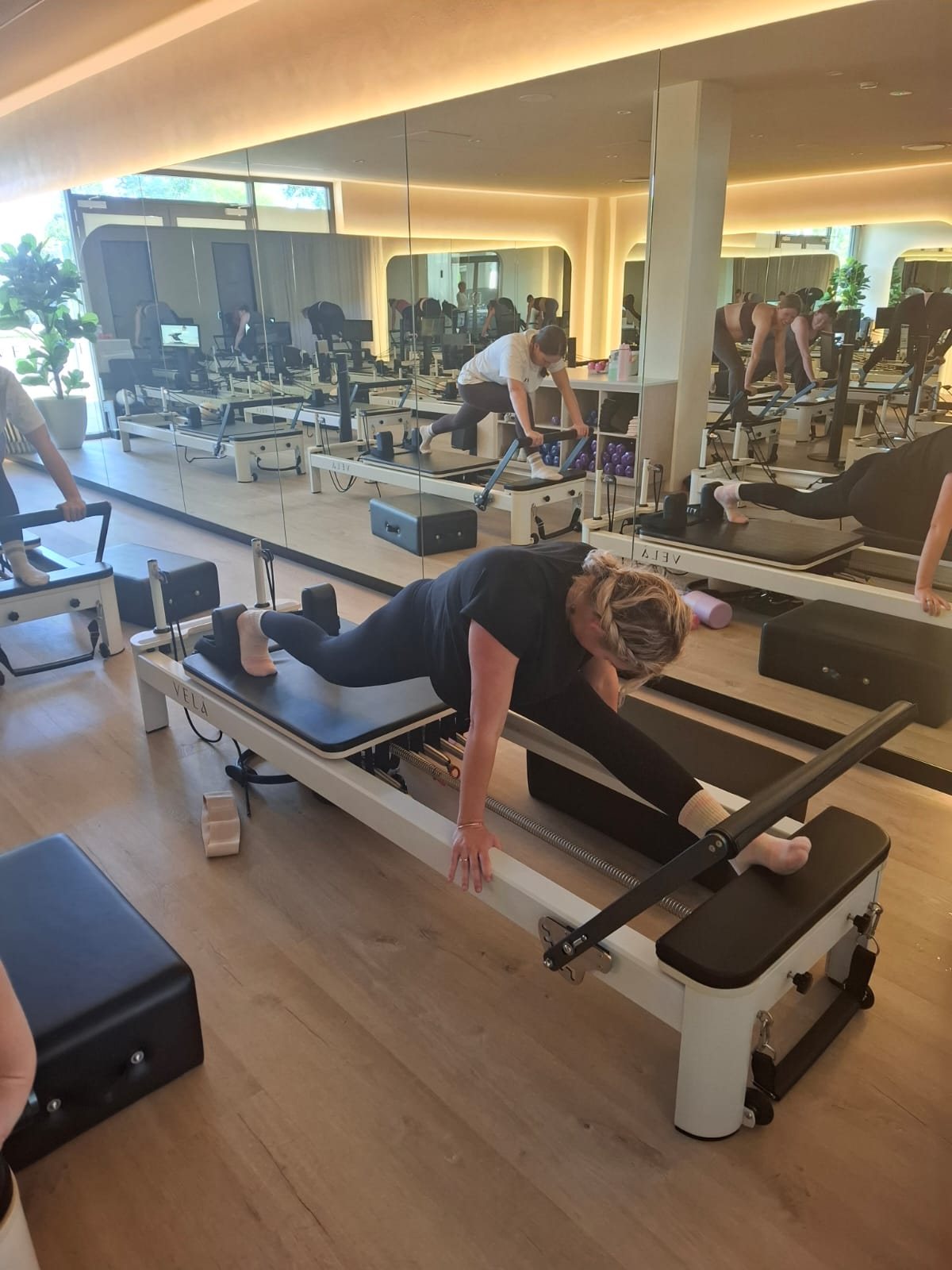 Reformer Pilates class in progress at Studio Velà, Sippy Downs Sunshine Coast